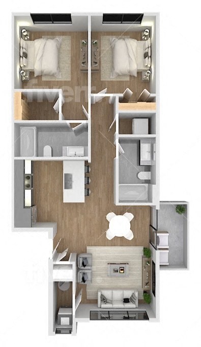 Floor plan for 2 beds, 2 baths, 858 sqft